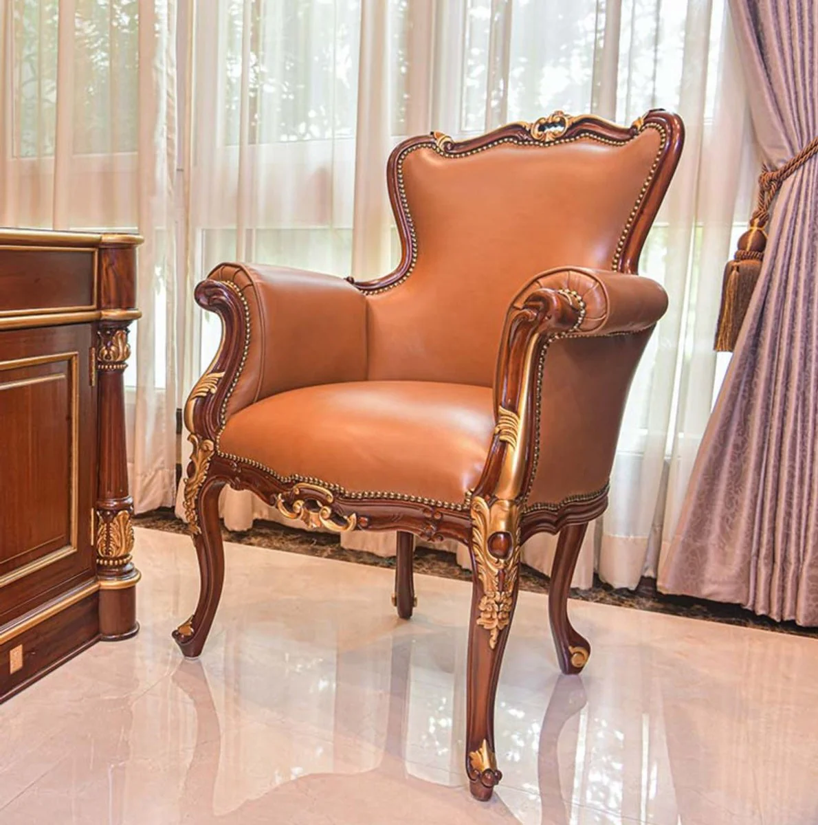 Casa Padrino sill¨®n barroco de cuero genuino de lujo marr¨®n / oro - Muebles de cuero barroco - Hecho en Italia