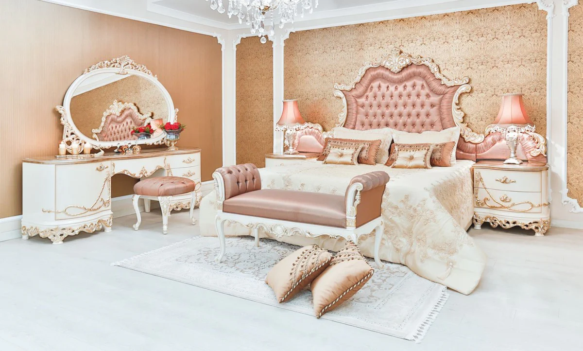 Casa Padrino cama doble barroco de lujo rosa / blanco / crema / cobre 200 x 200 x A. 200 cm - Cama noble de madera maciza con cabecera - Magnífica muebles de dormitorio de estilo barroco