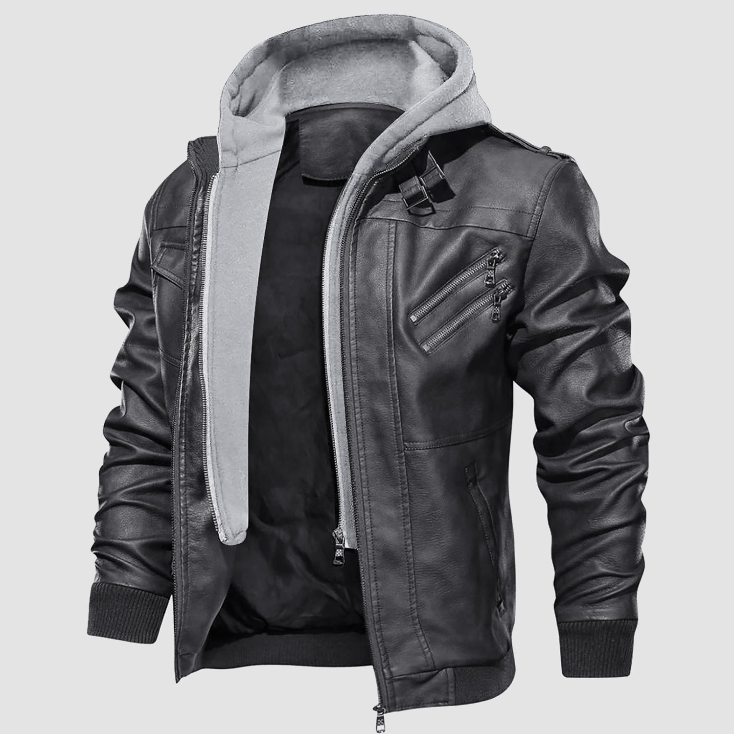 Men's Stand Collar PU Faux Leather Jacket 6 Pockets Motorcycle Bomber Fall Winter Jacket with a Removable Hood