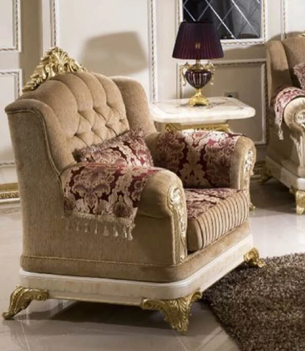 Casa Padrino sill¨®n barroco de lujo marr¨®n / rojo burdeos / blanco / oro - Magn¨ªfico sill¨®n de sal¨®n con patr¨®n elegante - Muebles de sal¨®n de lujo en estilo barroco - Muebles barrocos