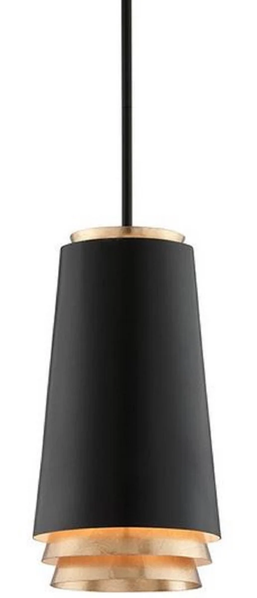 Casa Padrino lámpara colgante LED de lujo negro / oro Ø 21 x H. 38,1 cm - Lámpara Colgante de Metal Redonda con Pan de Oro