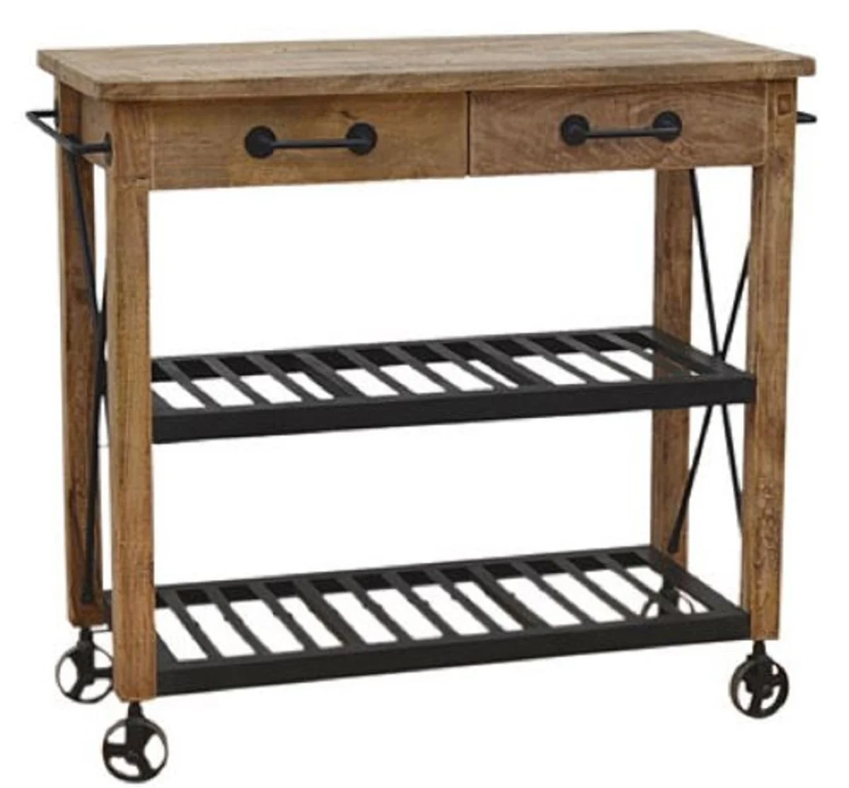 Casa Padrino carrito de bar estilo rural natural / negro 106 x 48 x H. 103 cm - Carrito de Madera con 2 Cajones - Accesorios de Gastronom¨ªa