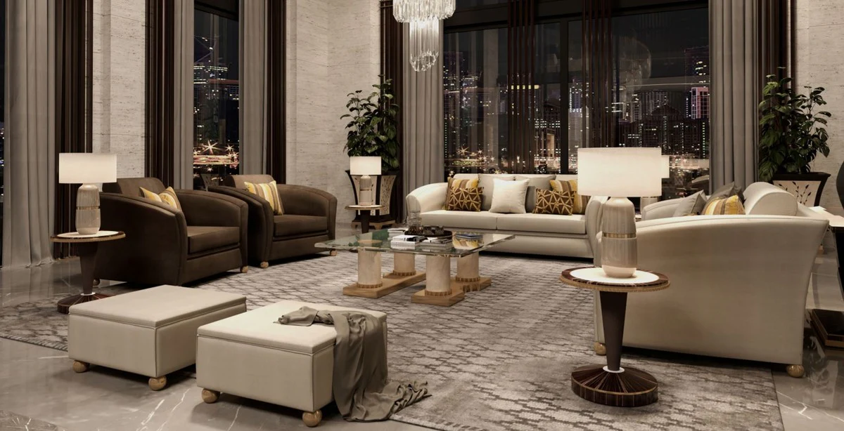 Casa Padrino mesa de centro de dise?o de lujo crema / bronce 130 x 130 x A. 45 cm - Mesa de sal¨®n hecha a mano con tapa de vidrio - Muebles de hotel de lujo - Hecho en Italia