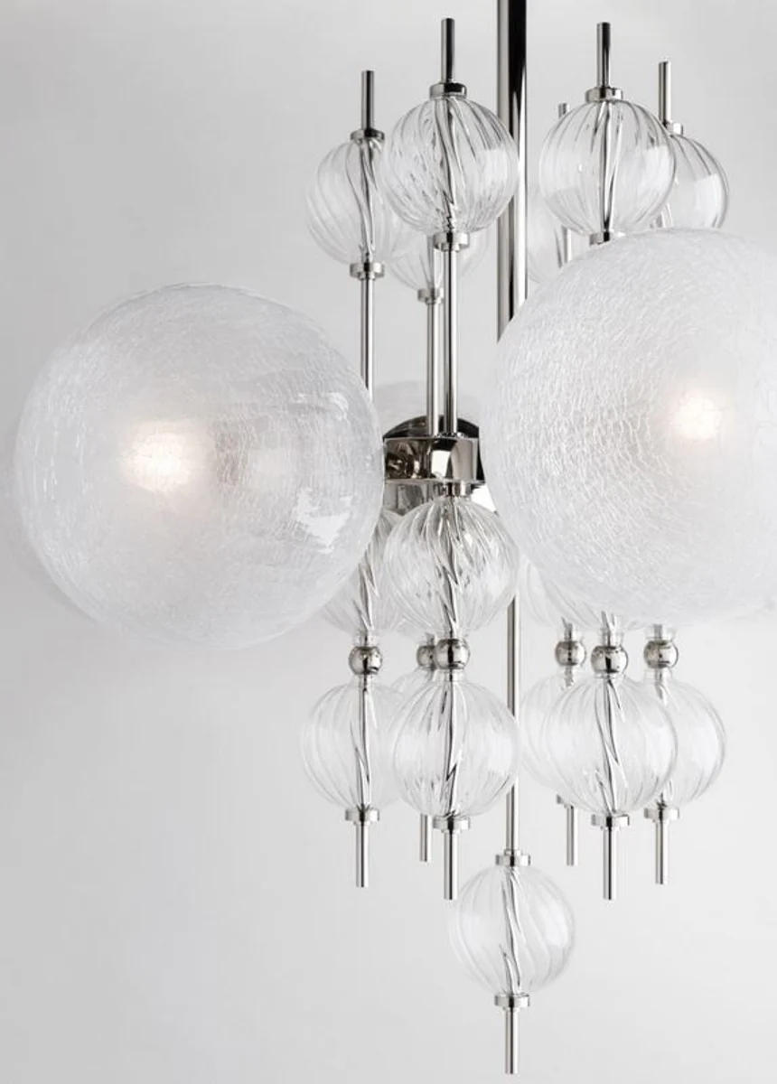 Casa Padrino araña de luces de lujo plata Ø 85 x A. 82,5 cm - Araña de Luces de Metal Moderna con Bolas de Cristal Corrugado en Espiral y Pantallas de Cristal Esféricas