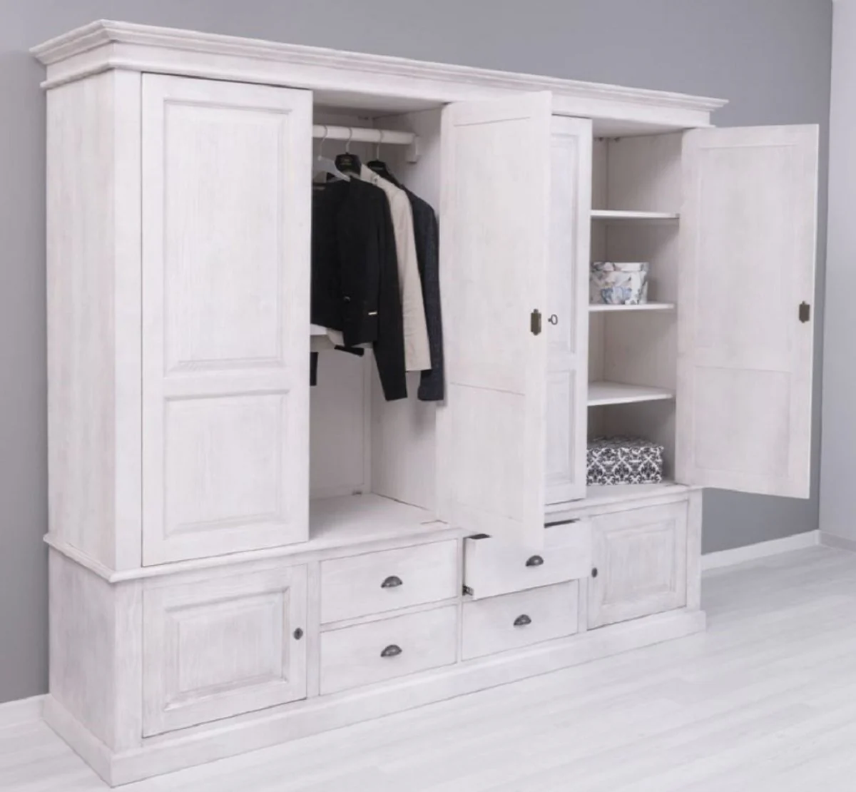 Casa Padrino armario de dormitorio de estilo campestre gris claro 232 x 59 x A. 197 cm - Armario de madera maciza con 6 puertas y 4 cajones - Muebles de dormitorio de madera maciza estilo campestre