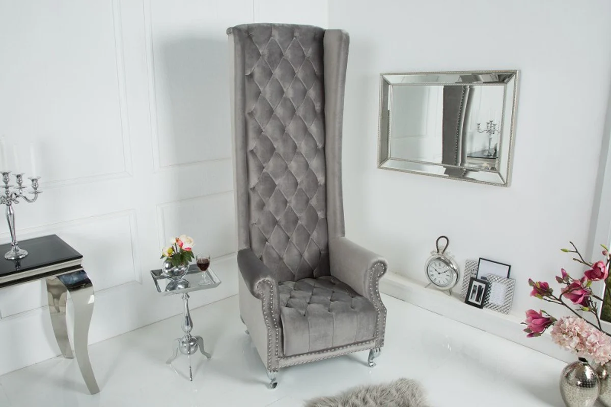 Casa Padrino Sill¨®n con respaldo alto Chesterfield Gris plateado - Sill¨®n con respaldo alto Trone King - Respaldo alto barroco moderno
