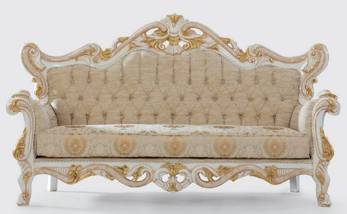 Casa Padrino sof¨¢ barroco de lujo beige / blanco / oro 225 x 90 x A. 128 cm - Sof¨¢ de sal¨®n hecho a mano con patr¨®n elegante - Muebles de sal¨®n barrocos - Noble y Magn¨ªfico