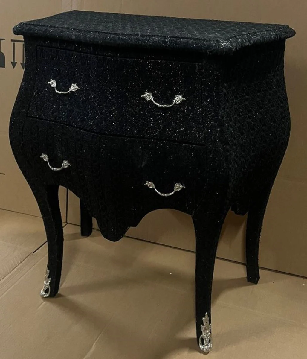Casa Padrino cómoda barroco negro aspecto brillo / plata - Mesita de noche de estilo barroco hecha a mano con 2 cajones - Muebles barrocos - Muebles de dormitorio estilo barroco