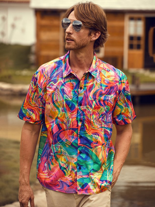 Geometric Chest Pocket Short Sleeve Casual Shirt