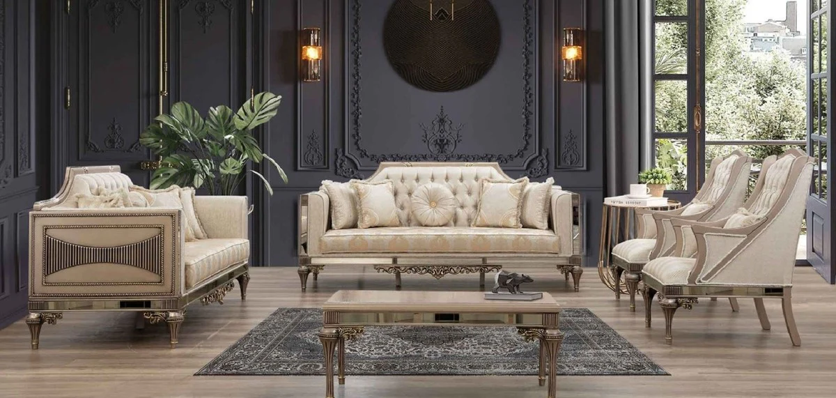 Casa Padrino conjunto de sala de estar barroco de lujo - 2 Sof¨¢s y 2 Sillones y 1 Mesa de Centro - Muebles de sal¨®n y hoteles hechos a mano en estilo barroco - Noble y Magn¨ªfico