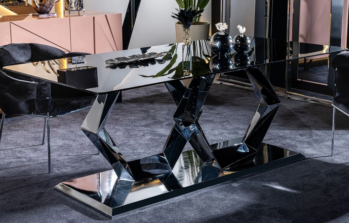 Casa Padrino mesa de comedor de dise?o de lujo plata 200 x 100 x A. 76 cm - Mesa de comedor rectangular de metal con tapa de vidrio - Muebles de comedor - Muebles de comedor de lujo