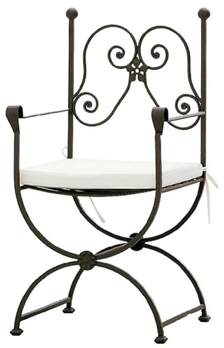 Casa Padrino silla de jardín Art Nouveau de lujo con reposabrazos y cojin de asiento marrón / blanco 60 x 44 x A. 97 cm - Silla de comedor forjada a mano - Muebles de Comedor de Jardín de Patio