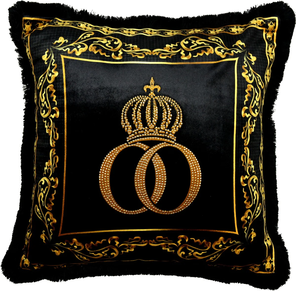 Harald Gl??ckler Luxury Deco Baroque Pillow Pomp??s by Casa Padrino Black / Gold / Black Crown Deluxe with rhinestones