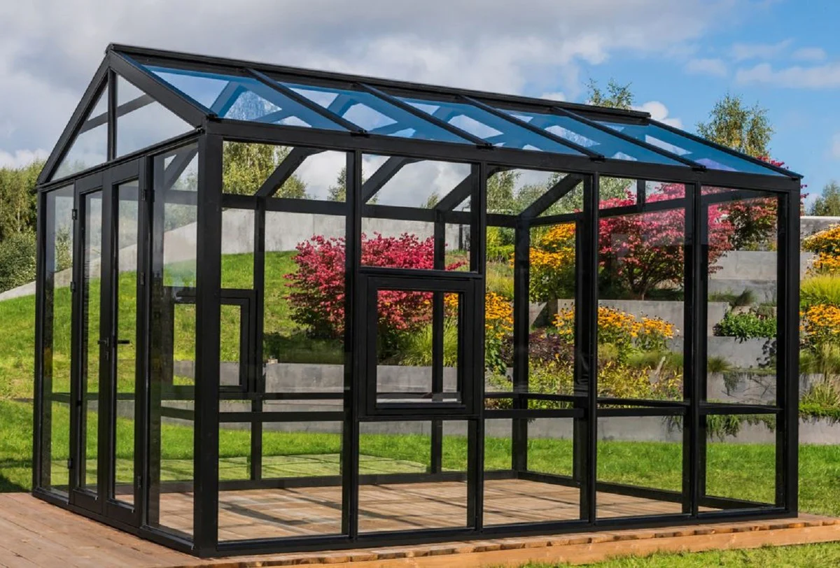 Casa Padrino Casa de Jard¨ªn de Lujo Negro 400 x 300 x A. 276,2 cm - Casa de Jard¨ªn de Madera Maciza con Ventanas y Puertas de Vidrio - Invernadero - Casas de Jard¨ªn de Lujo - Invernaderos de Lujo