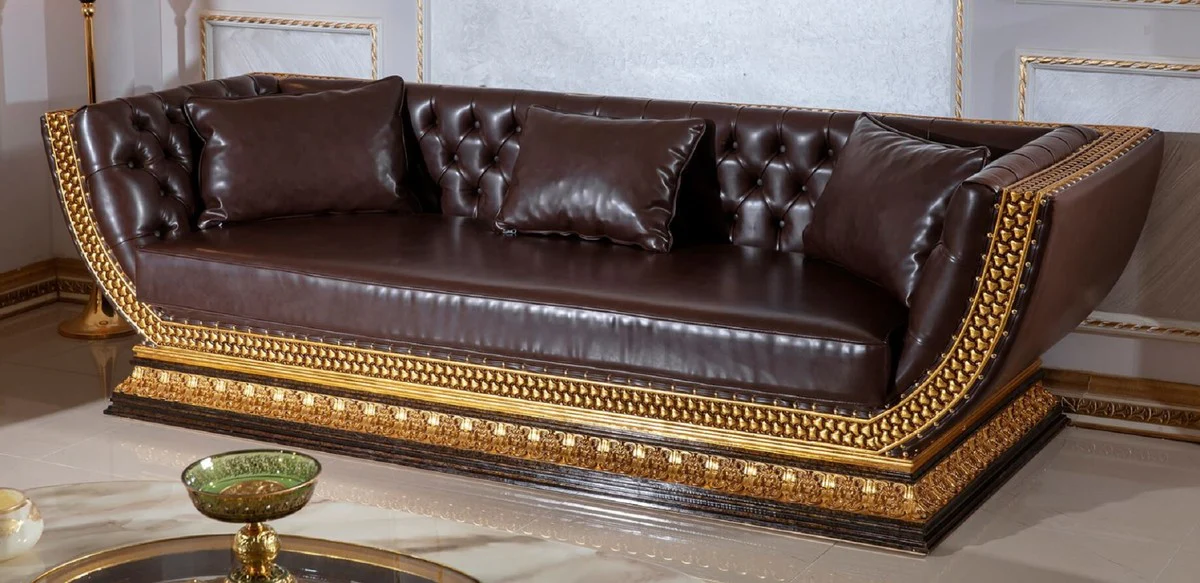 Casa Padrino sof¨¢ barroco Chesterfield de lujo marron oscuro / oro - Magn¨ªfico sof¨¢ de sal¨®n con fina cuero artificial - Muebles de Sal¨®n Barroco Chesterfield