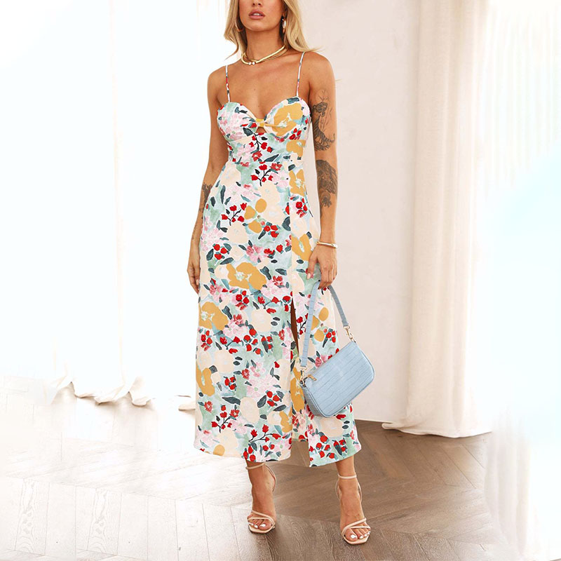 Ladies Summer Fresh Floral Print Sling Dress