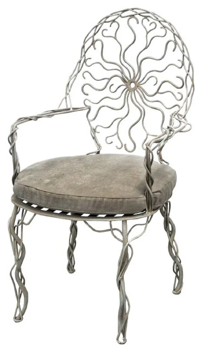Casa Padrino silla de jard¨ªn Art Nouveau de lujo gris 60 x 60 x A. 100 cm - Silla de comedor forjada a mano con reposabrazos y coj¨ªn de asiento - Muebles de Jard¨ªn y Comedor Art Nouveau de Lujo