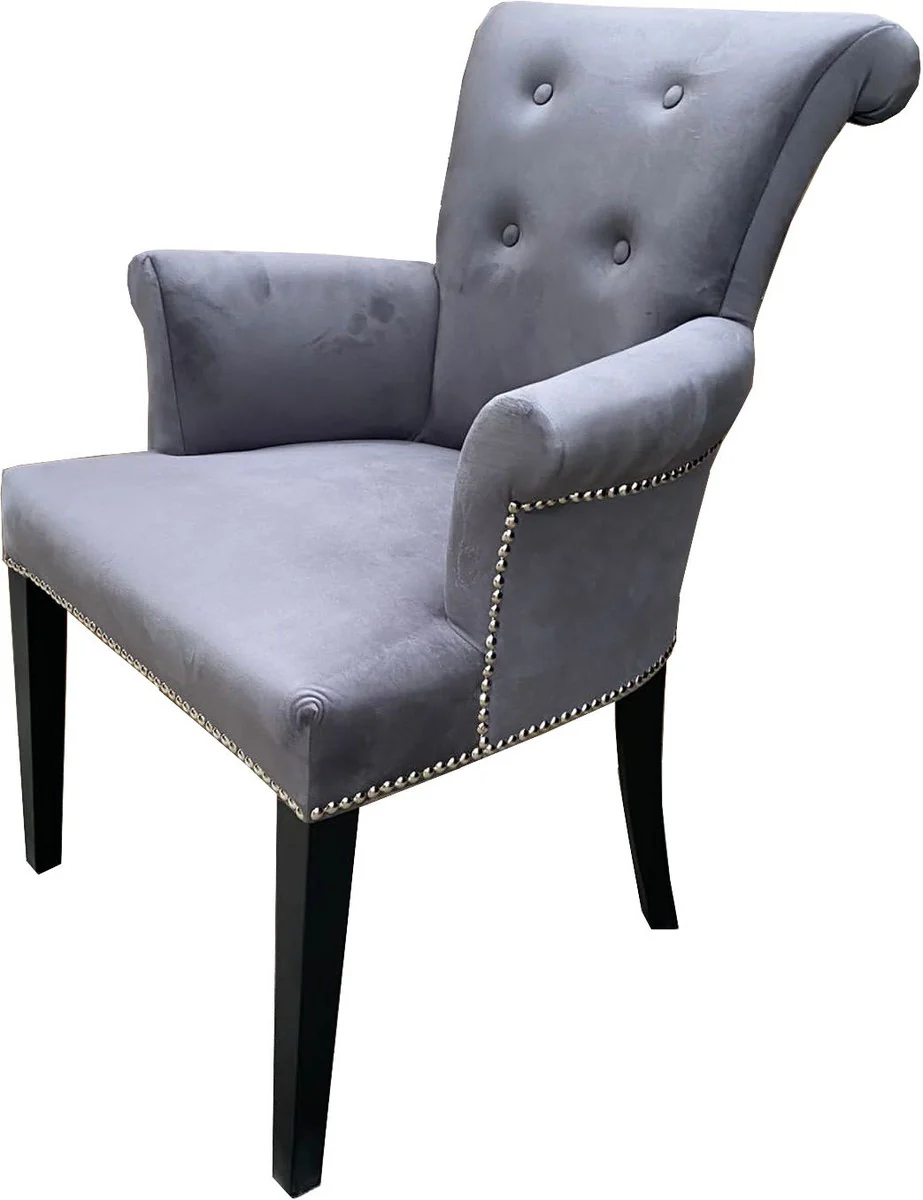 Casa Padrino silla de comedor de lujo gris / negro - Silla de cocina de madera maciza con reposabrazos y fina tela de terciopelo - Muebles de Comedor y Restaurante de Lujo