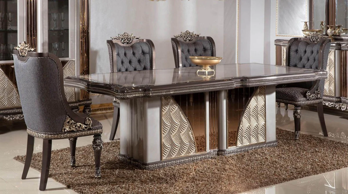 Casa Padrino conjunto de comedor barroco de lujo azul / gris / marr¨®n oscuro / oro - 1 Mesa de Comedor Barroco y 6 Sillas de Comedor Barrocos - Muebles de comedor de lujo en estilo barroco