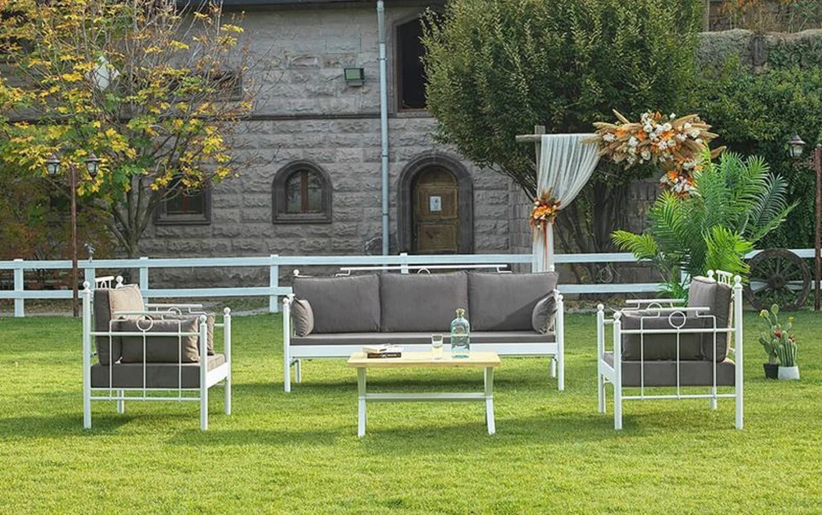 Casa Padrino Art Nouveau Conjunto de Muebles de Jardín Gris / Blanco - 1 Sofá y 2 Sillones y 1 Mesa - Muebles de Jardín y Patio en Estilo Art Nouveau