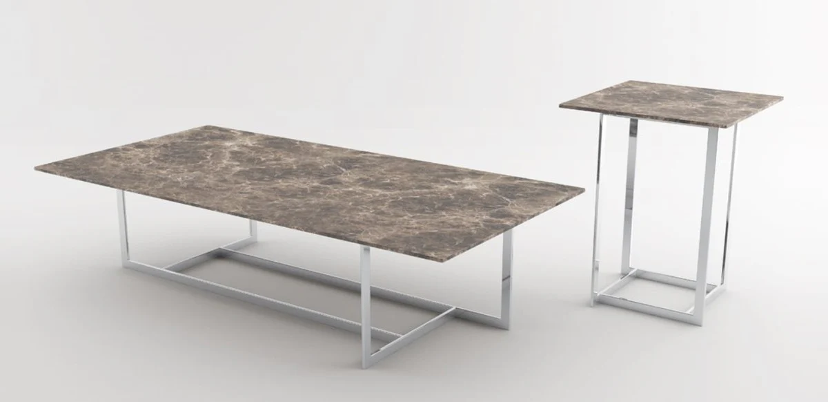 Casa Padrino conjunto de sala de estar de lujo plata / marr¨®n - 1 Mesa de Caf¨¦ con Encimera de M¨¢rmol y 1 Mesa Auxiliar con Encimera de M¨¢rmol - Muebles de Sala - Calidad de Lujo