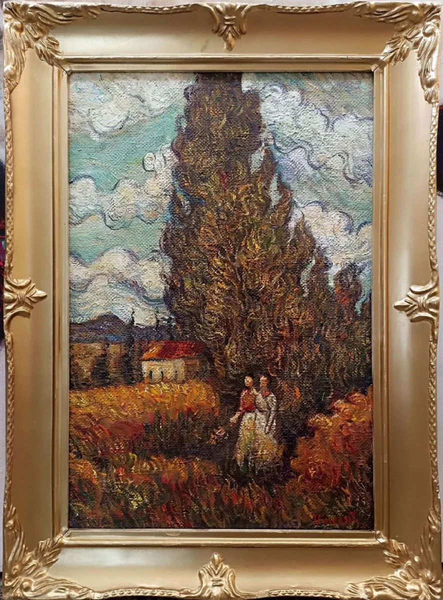 Cuadro pintura al óleo vintage según Vincent van Gogh Paisaje Campesino Ciprés 45,72 x A. 60,96 cm - Pintura antigua auténtica según original - Pintada a mano