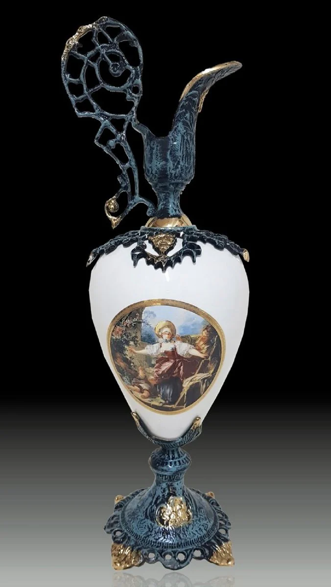 Casa Padrino jarrón barroco de lujo en forma de jarra de vino azul / blanco / multicolor / oro 20 x A. 60 cm - Florero estilo barroco hecho a mano - Accesorios decorativos barrocos