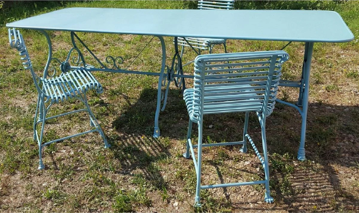 Casa Padrino Conjunto de Muebles de Jard¨ªn Art Nouveau de Hierro Forjado Azul Claro - 1 Mesa de Comedor de Jard¨ªn Art Nouveau y 6 Sillas de Jard¨ªn - Muebles de Jard¨ªn Barroco y Art Nouveau