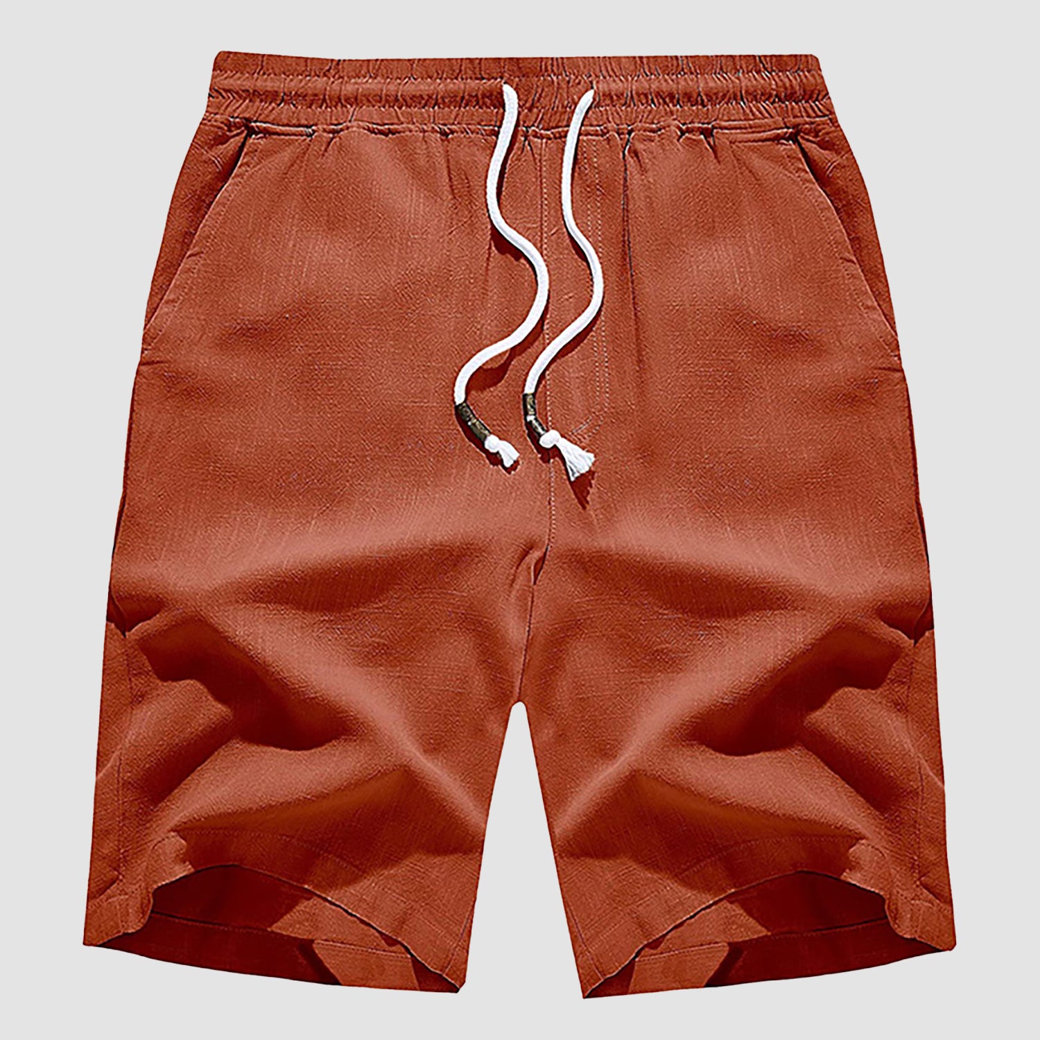 Men Linen Cotton Shorts Fashion Solid Color Drawstring Elastic Waist