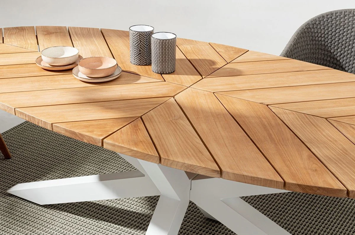 Casa Padrino mesa de jardín de lujo natural / blanco 240 x 110 x A. 77 cm - Mesa de comedor ovalada con tablero de teca - Mesa de jardín y terraza - Muebles de jardín y terraza de lujo