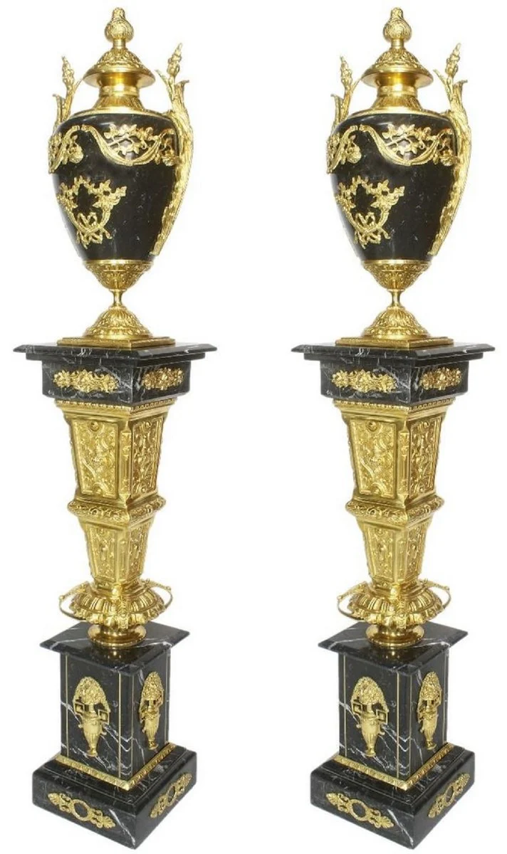 Casa Padrino conjunto de jarrones de porcelana decorativa barroco con pilares de mármol negro / oro 30 x 30 x A. 180 cm - Noble y Magnífica