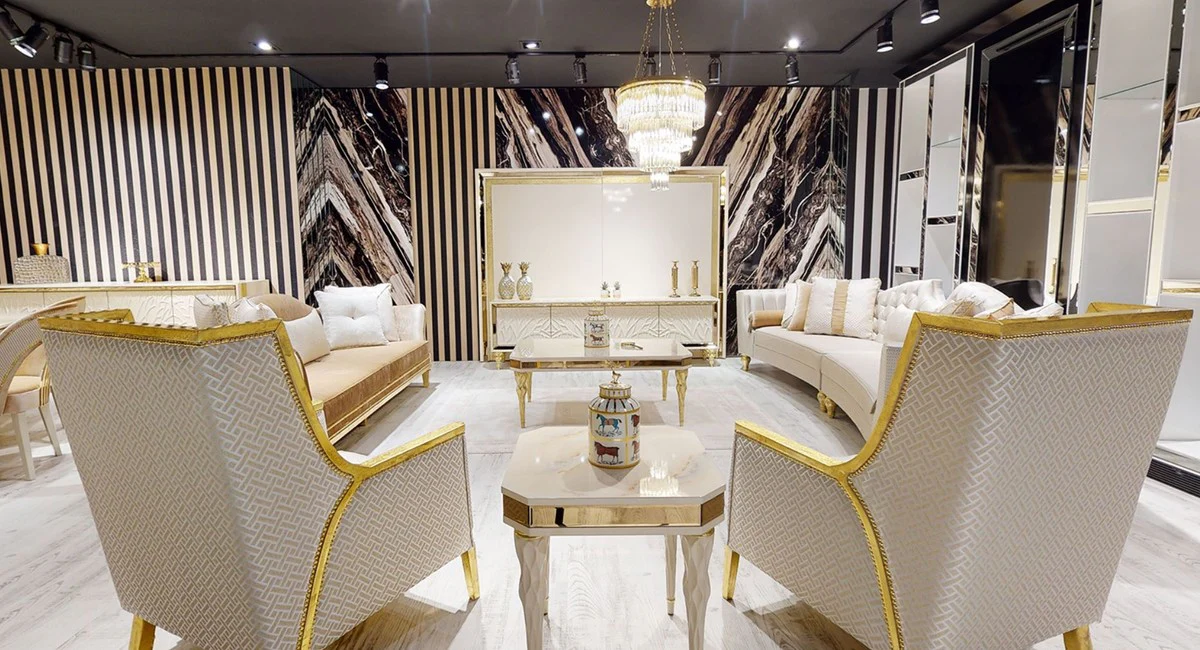 Casa Padrino sof¨¢ barroco de lujo blanco / oro - Sof¨¢ de Sala de Estar Curvo - Sof¨¢ del Hotel - Muebles de Hotel y Sala de Estar Barroco de Lujo