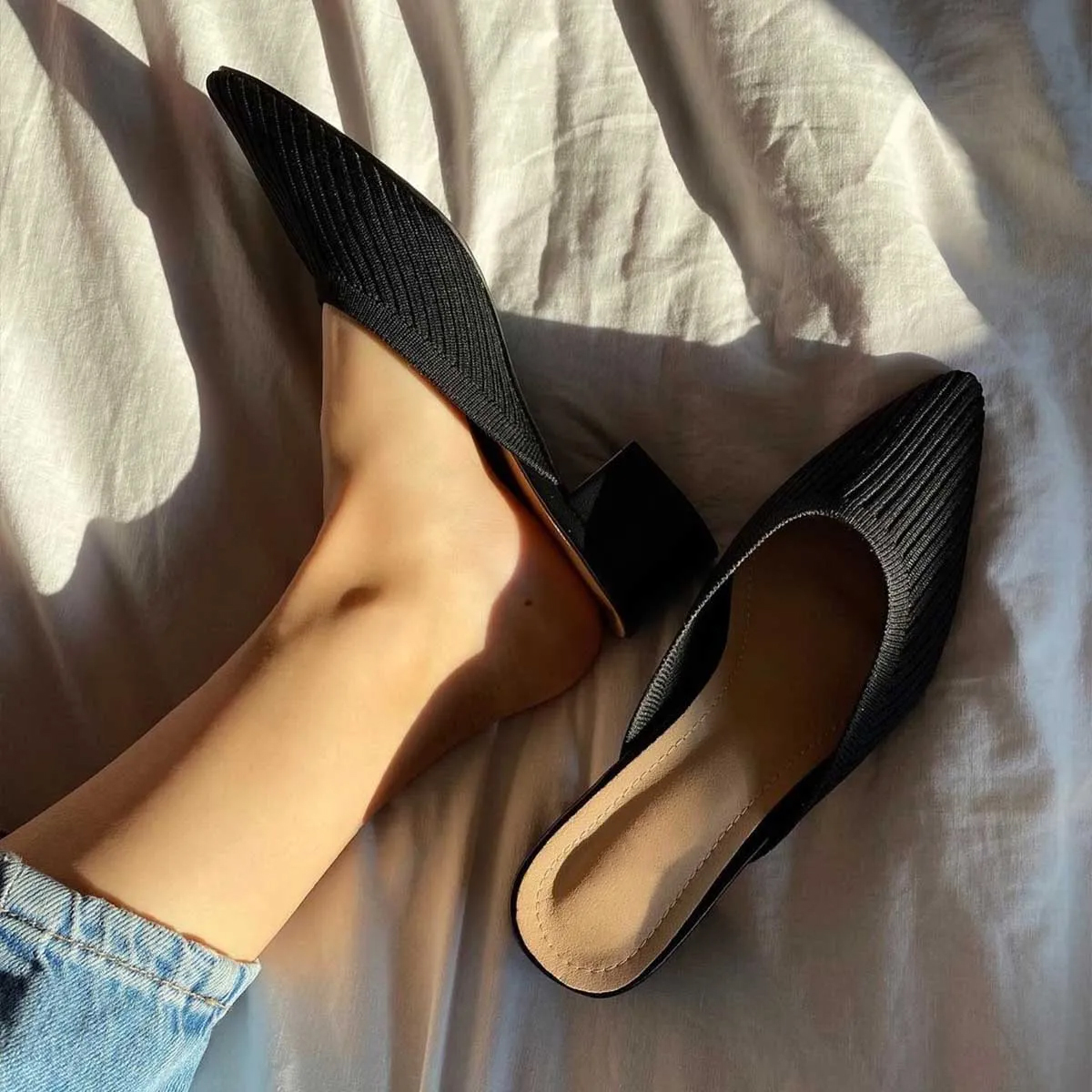 Pointed Toe Mules for Women Breathable Knit Slip-on Flat Shoes