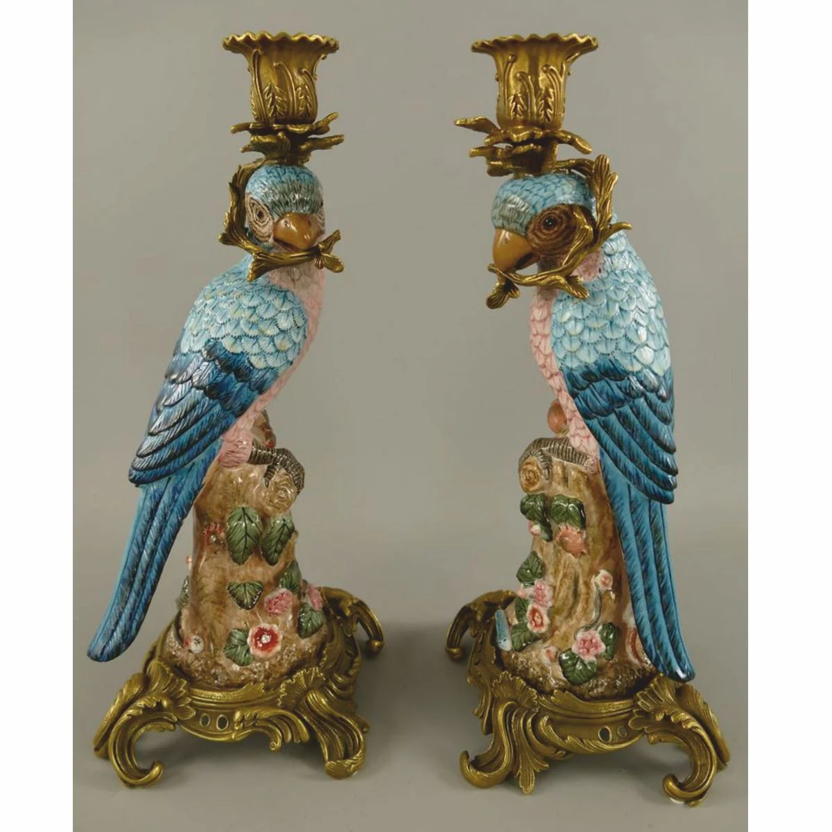 Casa Padrino conjunto de portavelas barroco de porcelana p¨¢jaros azul / multicolor / lat¨®n A. 37 cm