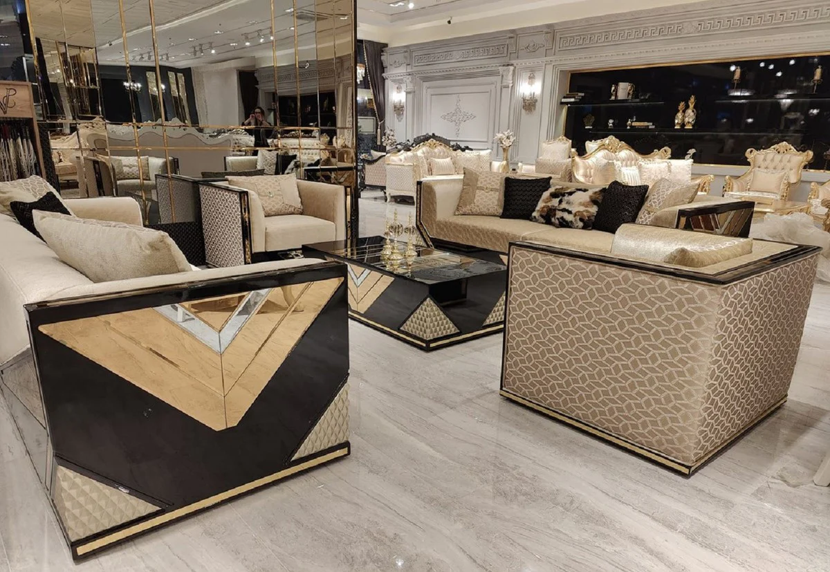 Casa Padrino sof¨¢ de lujo 3 plazas oro / negro - Sof¨¢ de sal¨®n - Sof¨¢ de hotel - Muebles de sal¨®n - Muebles de hotel - Muebles de lujo - Interiores de sal¨®n - Interiores de lujo