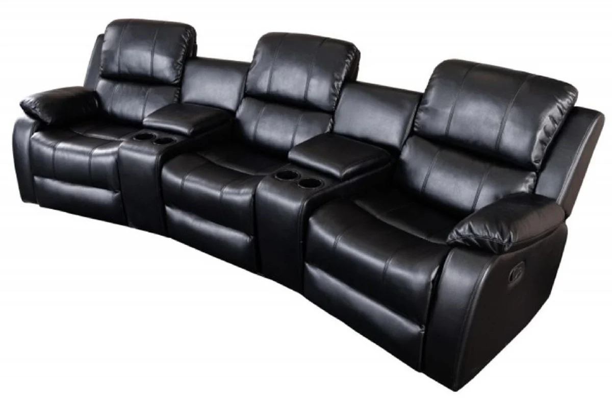 Casa Padrino sill¨®n de cine de 3 plazas de cuero artificial negro 295 x 95-165 x A. 78-101 cm - Sill¨®n de sal¨®n TV con portavasos y compartimento de almacenamiento - Muebles de cuero artificial