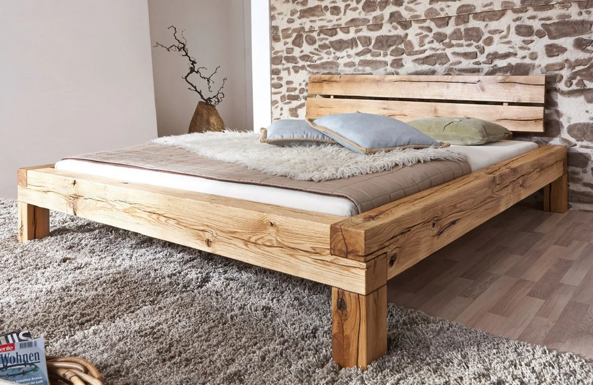 Casa Padrino cama doble de lujo natural - Varios Tamaños - Cama de madera maciza con cabecero y colchón - Muebles de dormitorio - Muebles de lujo - Interiores de lujo