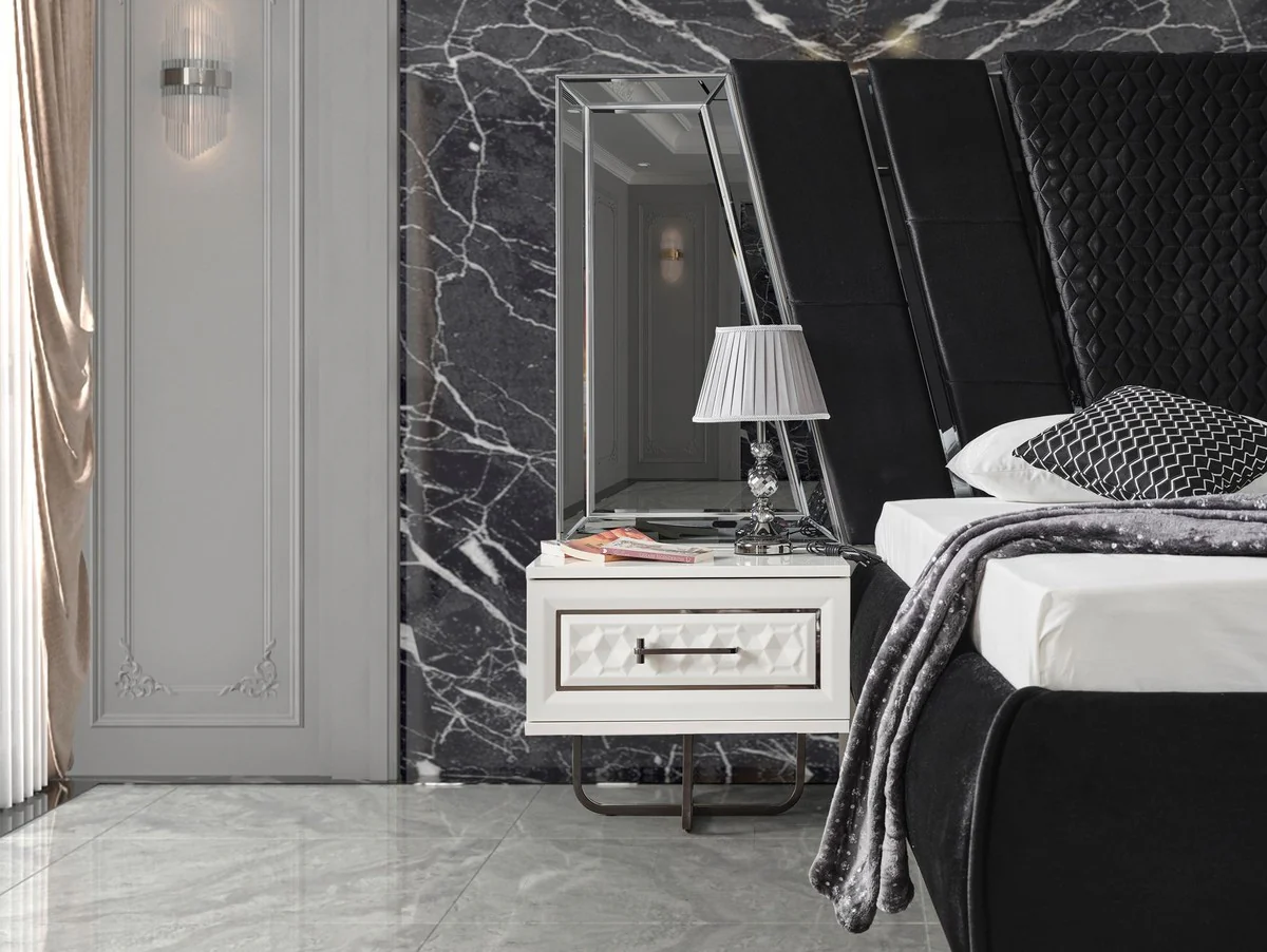 Casa Padrino Conjunto de Dormitorio Art Deco de Lujo Negro / Blanco / Bronce - 1 Cama Matrimonial con Cabecero y 2 Mesitas de Noche - Muebles de Dormitorio - Muebles Art Deco - Muebles de Lujo