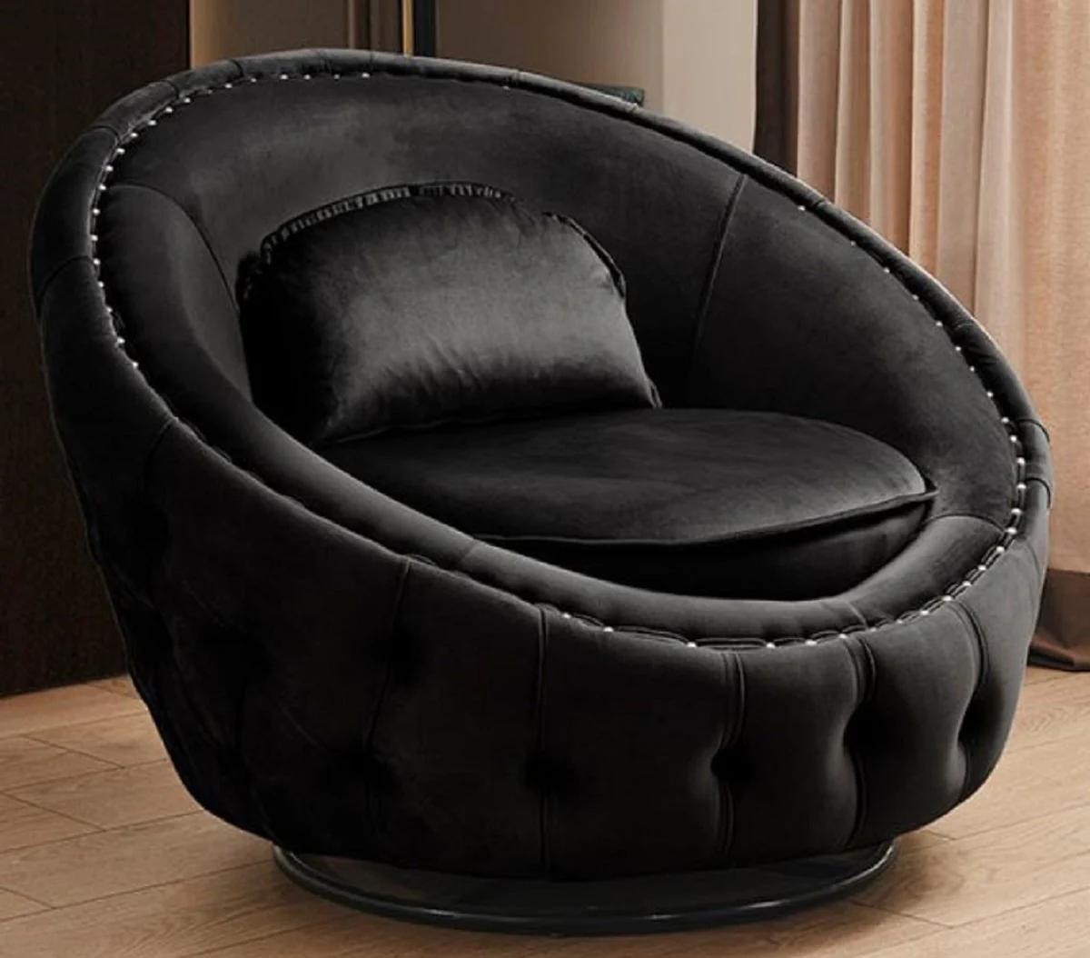 Casa Padrino sill¨®n giratorio Chesterfield de lujo negro ? 90 cm - Sill¨®n de Sal¨®n Moderno Chesterfield - Muebles de Sal¨®n Chesterfield de Lujo