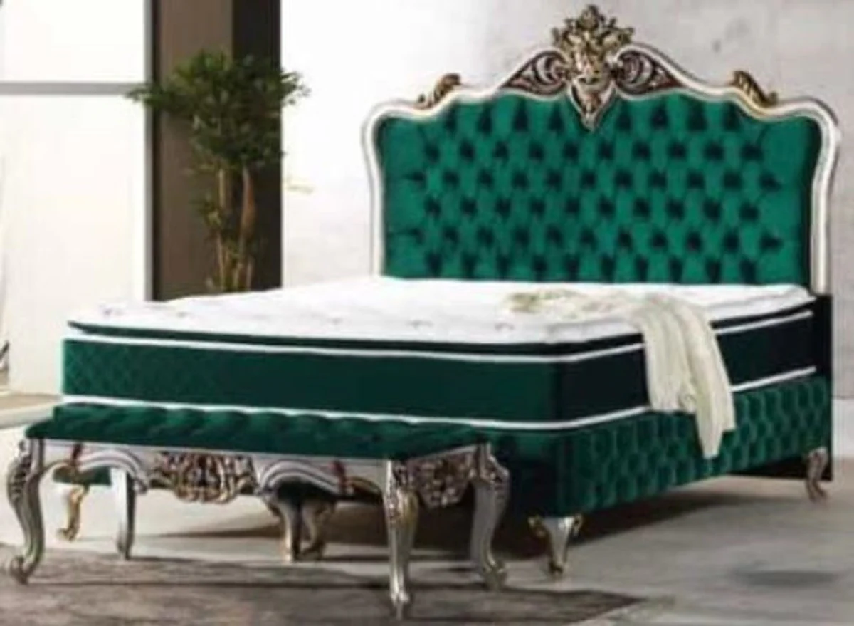 Casa Padrino cama doble barroco verde / plata / oro antiguo - Cama adornada con colchón - Muebles Barrocos