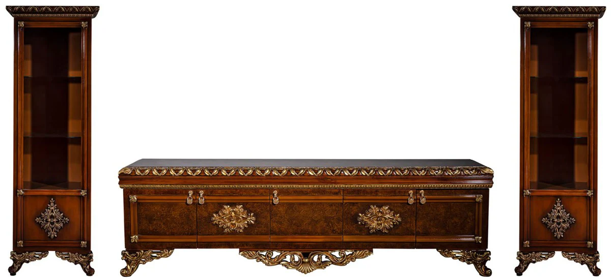 Casa Padrino conjunto de muebles barrocos de lujo marrón / oro - Armario de TV de madera maciza noble con 2 vitrinas - Muebles de salón barrocos