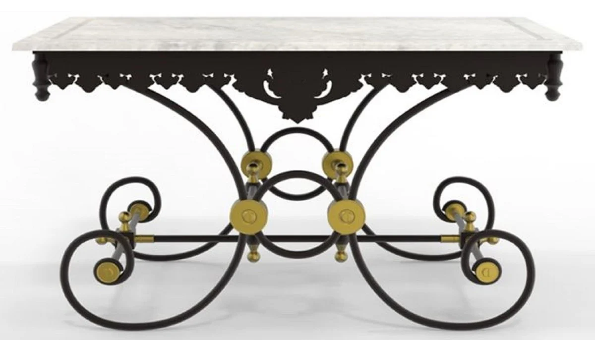 Casa Padrino mesa de jardín Art Nouveau blanco / negro / latón 130 x 80 x A. 75 cm - Nostálgica mesa de jardín y terraza de hierro forjado con tablero de mármol - Muebles de jardín y terraza