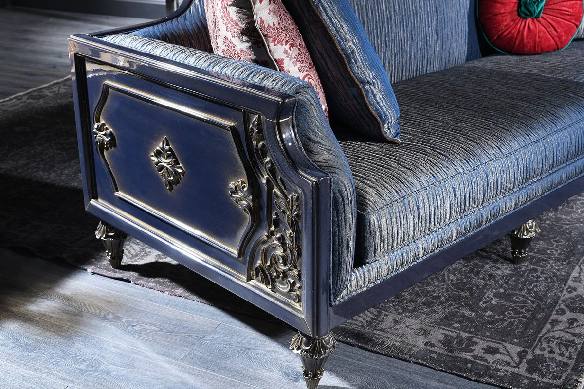 Casa Padrino conjunto de sala de estar barroco de lujo azul / oro - 2 Sof¨¢s y 2 Sillones y 1 Mesa de Centro y 2 Mesa Auxiliares - Muebles Barrocos Adornados - Calidad de Lujo