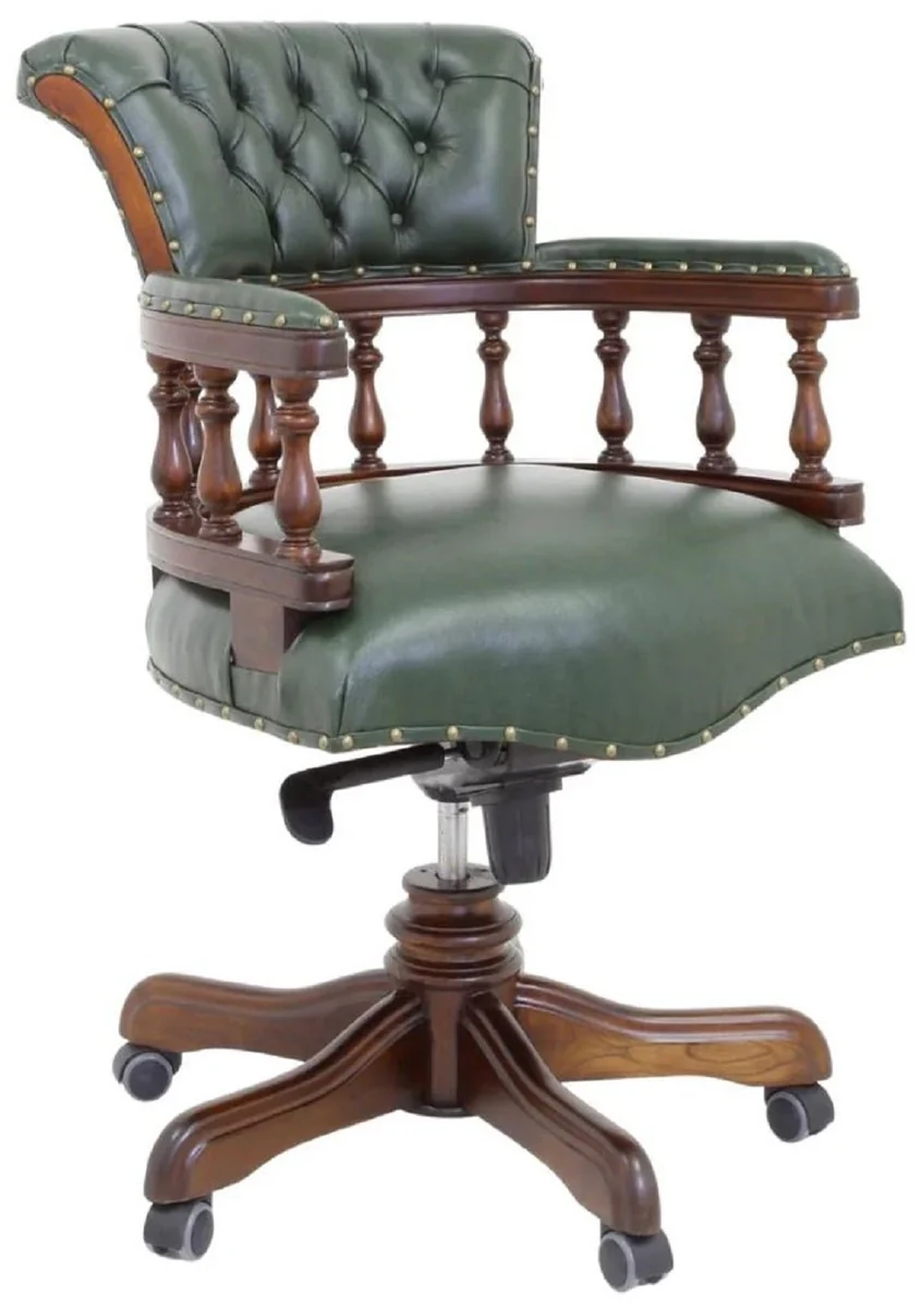 Casa Padrino silla de escritorio barroco de lujo Chesterfield de cuero genuino verde / marrón A. 107 cm - Muebles de oficina barrocos