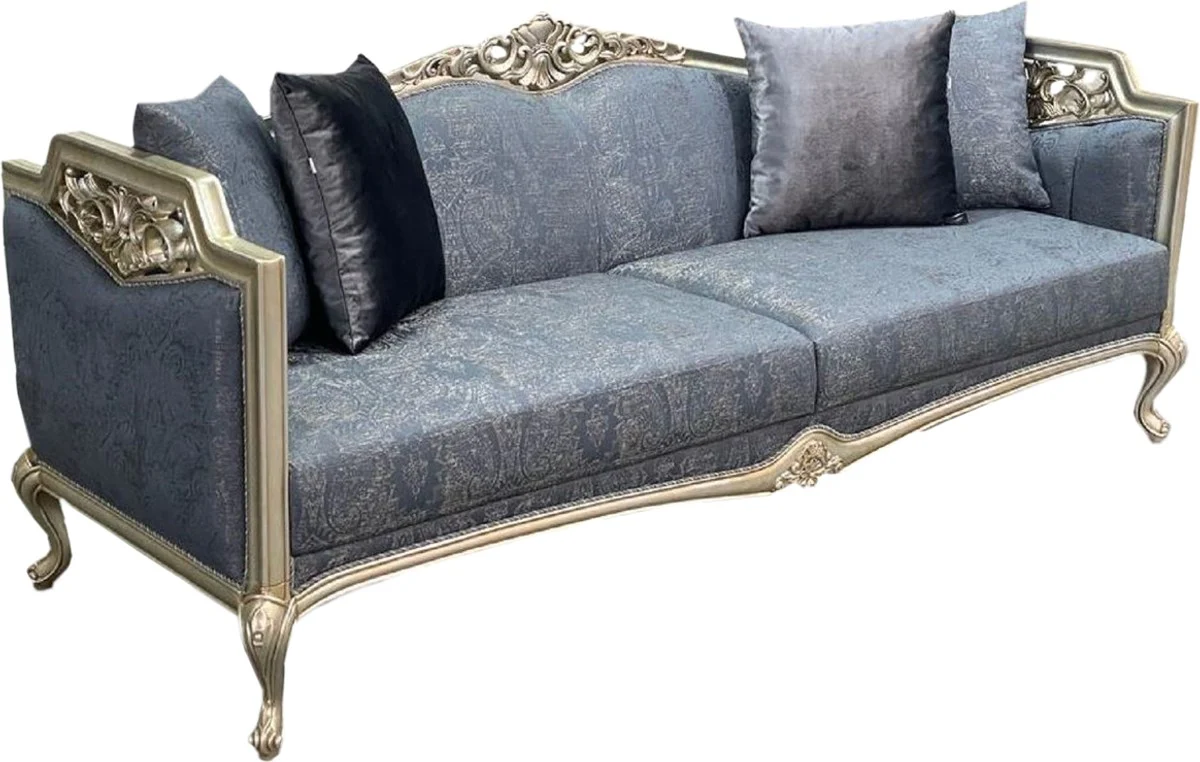 Casa Padrino sof¨¢ barroco Chesterfield de lujo azul / plata / oro - Magn¨ªfico sof¨¢ de sal¨®n - Muebles de lujo estilo barroco - Muebles de sal¨®n estilo barroco - Muebles barrocos