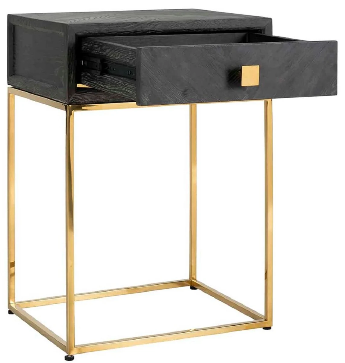 Casa Padrino mesa auxiliar de lujo negro / oro 50 x 40 x A. 71 cm - Mesita de noche de madera maciza con caj¨®n y estructura de acero inoxidable - Muebles de dormitorio de lujo