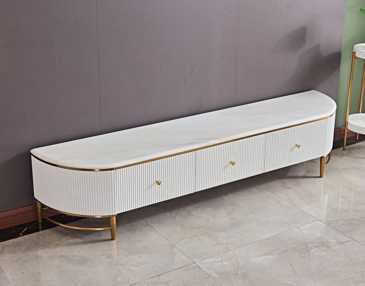 Casa Padrino armario de TV de lujo blanco / latón / oro 200 x 40 x H. 42 cm - Aparador de salón moderno con 3 cajones - Mueble TV de salón moderno