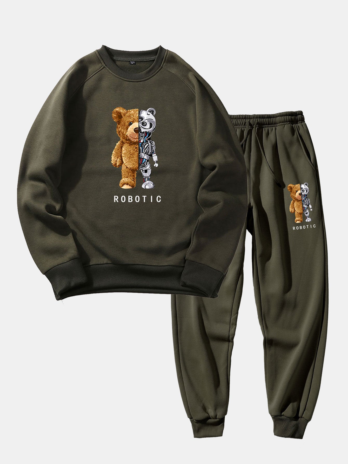 Robot Bear Print Raglan Sleeves Sweatshirt & Jogger Pants