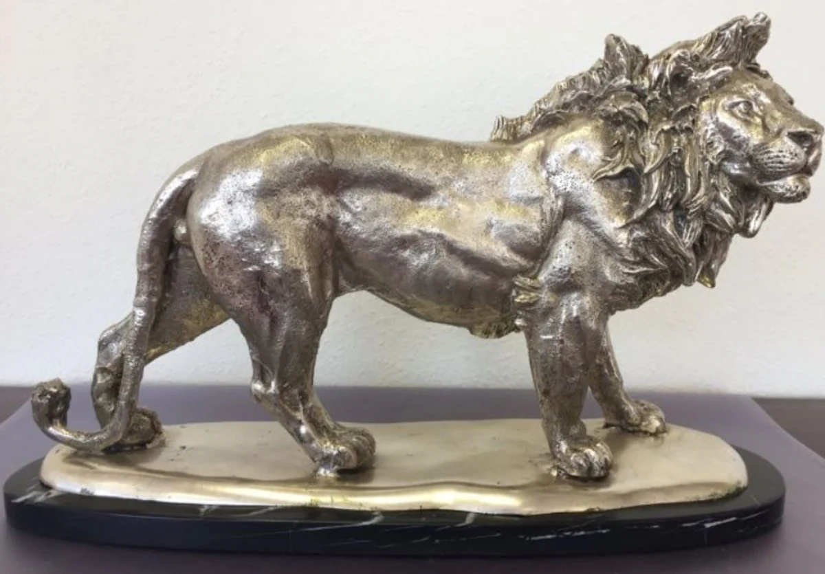 Casa Padrino león figura de bronce base de mármol plata / negro 49 x 16 x H. 31 cm - Figura Decorativa de Lujo