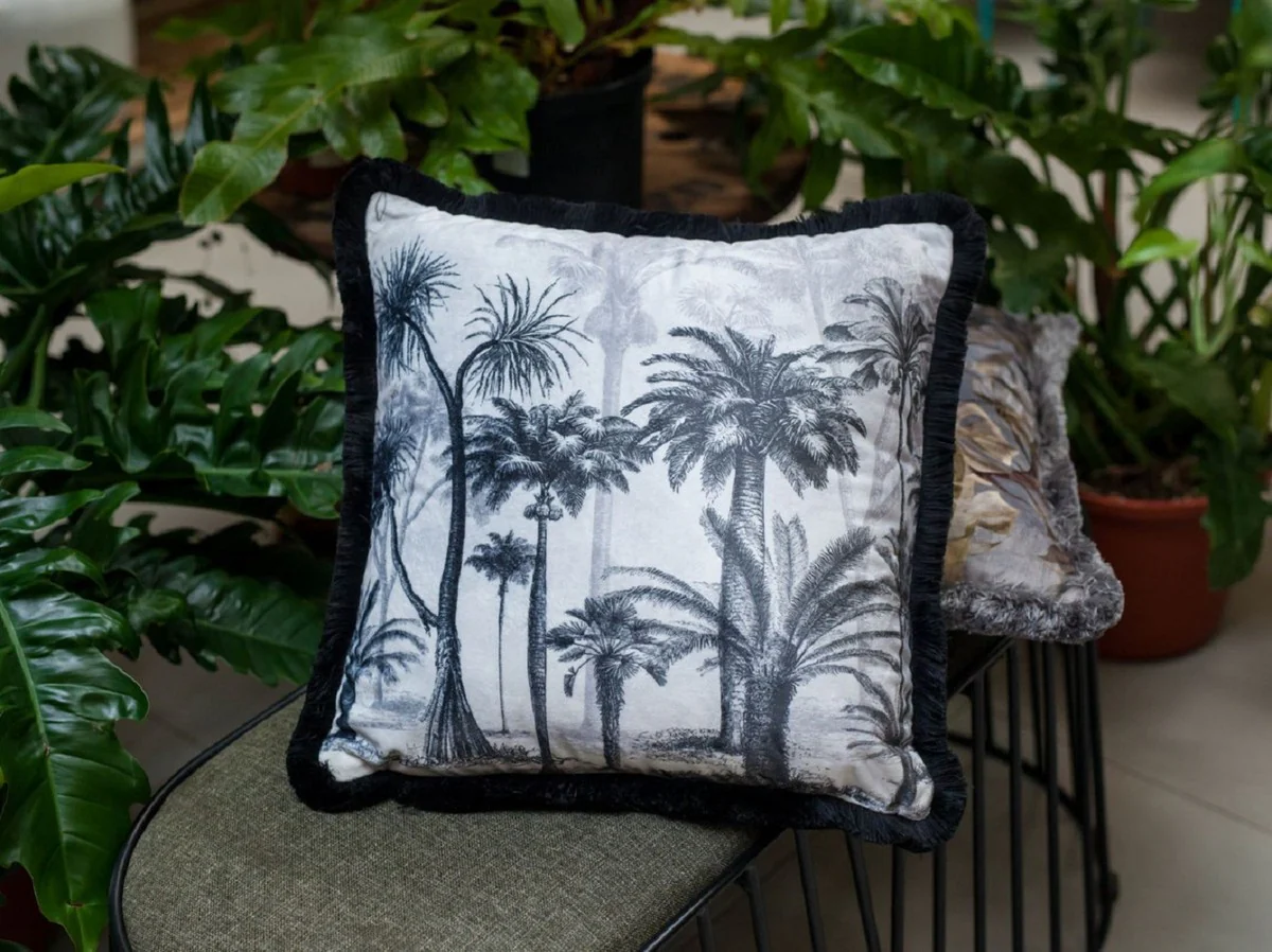 Casa Padrino almohada decorativa de lujo diseño palmeras gris / negro 45 x 45 cm - Almohada de terciopelo estampada con flecos - Accesorios Decorativos